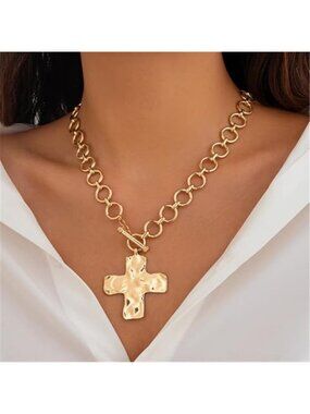 Gold Chunky Cross Necklace for Women Statement Cross Pendant Necklace